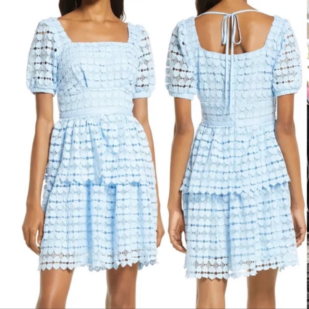 Amy Lynn Blue Crochet Lace Heart Shapes Puff Sleeves Tiered Mini Dress Small S